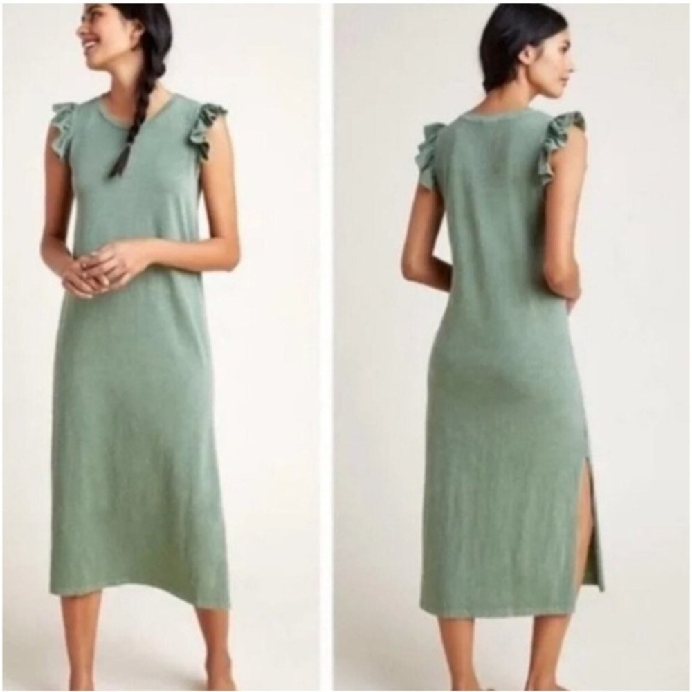 Sundry Ayana Sleeveless Midi Olive Green Dress Ruffle Sleeve Slit Size 2 (M 6-8) - Picture 2 of 7